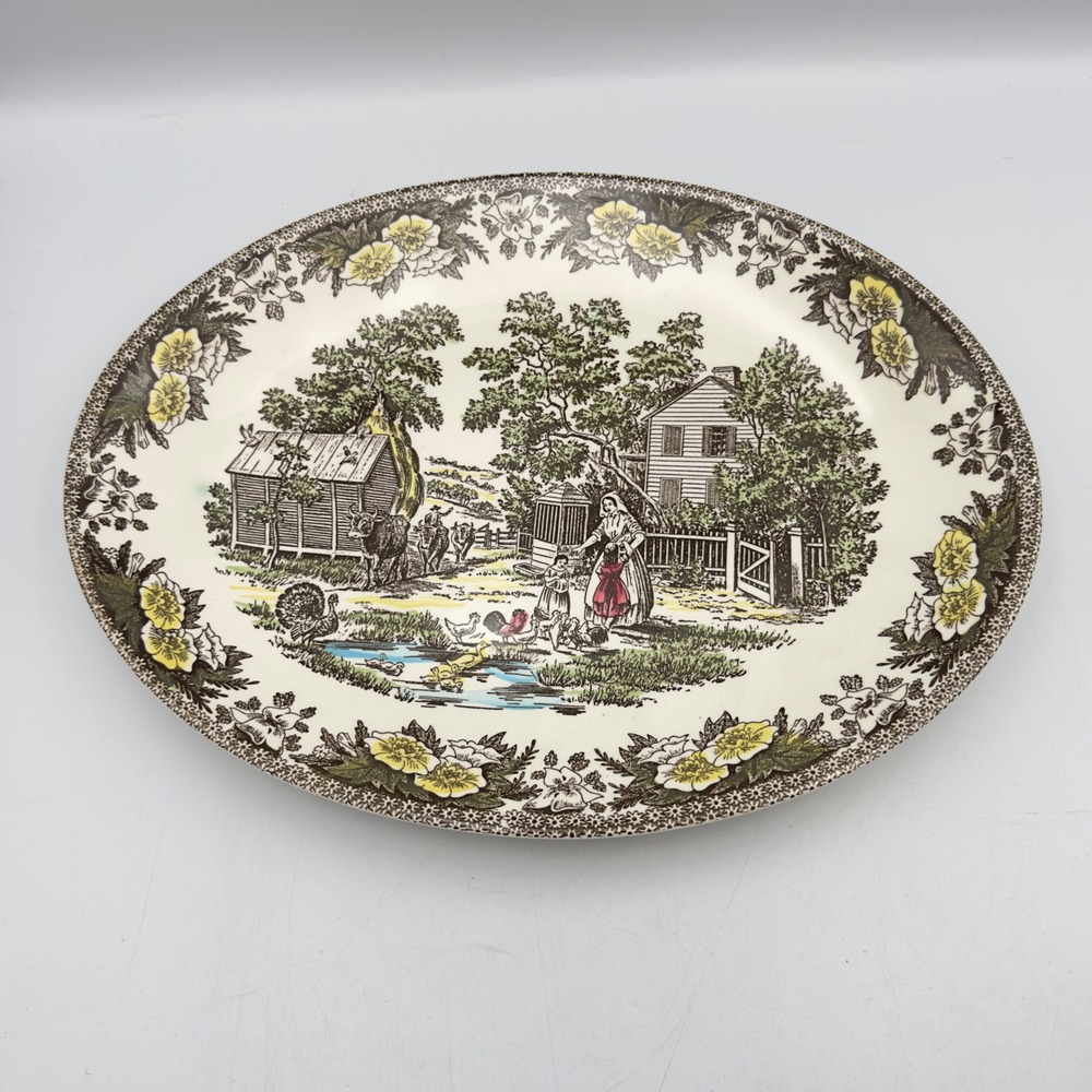 Royal China Fair Oaks Oval Serving Platter Vintage Farm Scene Floral 13" Cottage